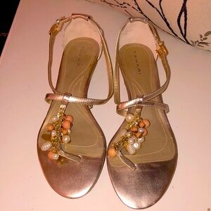 NWOT new Tahari brand gold wedge sandals with pearl and orange beads on front